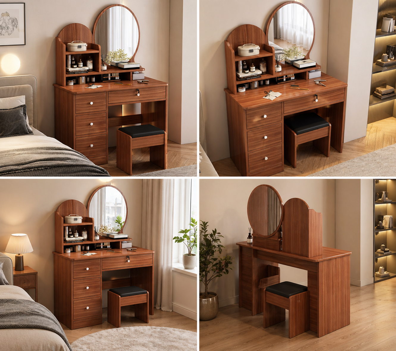 Coiffeuse en bois avec miroir rond