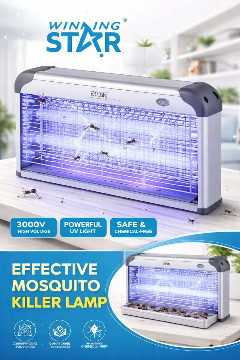 🦟⚡ FINI LES MOUSTIQUES !  Vous en avez marre de vous faire piquer toute la nuit ? La Lampe Anti-Moustiques Winning Star est la solution qu’il vous faut !  ✅ Pourquoi vous allez l’adorer ?  🔵 Lumière UV puissante — Attire et élimine les insectes instantanément, même les plus résistants.  ⚡ 3000 Volts haute tension — Une décharge foudroyante qui tue les moustiques en une fraction de seconde.  🌿 100% sans produits chimiques — Aucun spray, aucune fumée, aucun danger pour votre famille et vos enfants.  🏠 Idéale pour l’intérieur — Salon, chambre, cuisine… Posez-la simplement et profitez d’une nuit paisible.  💬 “Depuis que je l’utilise, je dors enfin tranquillement !”  🛒 Commandez maintenant et protégez votre foyer ! 📦 Livraison rapide disponible 💰 Prix imbattable — Stock limité !